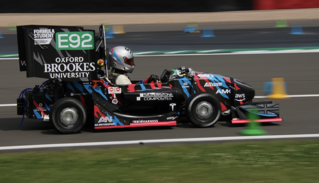 The 2024 Oxford Brookes Racing car at Silverstone. Supported by Plyable.